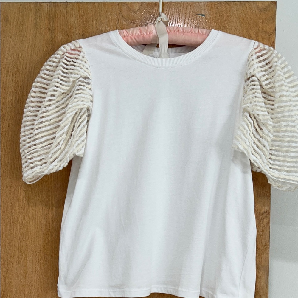 Design History White Tee with Cream Striped Sleeves